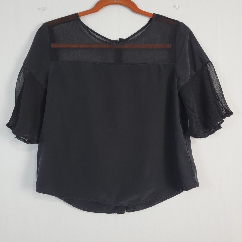 Amour Vert Silk Flutter Sleeve Button Back Top sz XS Black Sheer Whimsigoth USA